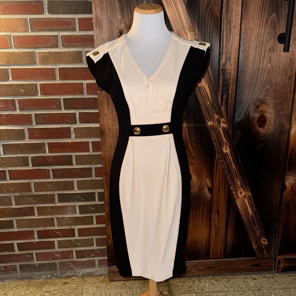Yoana Baraschi Black and Cream Midi Dress with Gold Accents